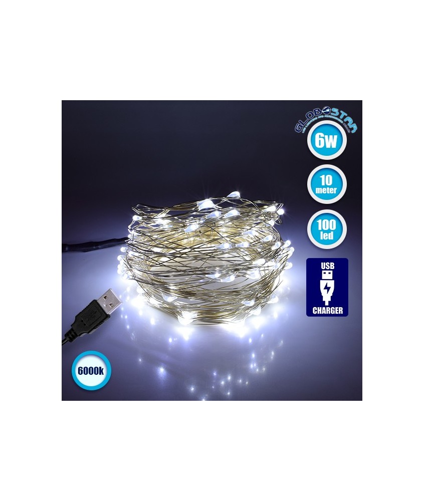79732 Διακοσμητική Γιρλάντα 10 Μέτρων 100 LED USB 5 Volt 6 Watt με Ασημένιο Συρμάτινο Καλώδιο Ψυχρό Λευκό 6000K
